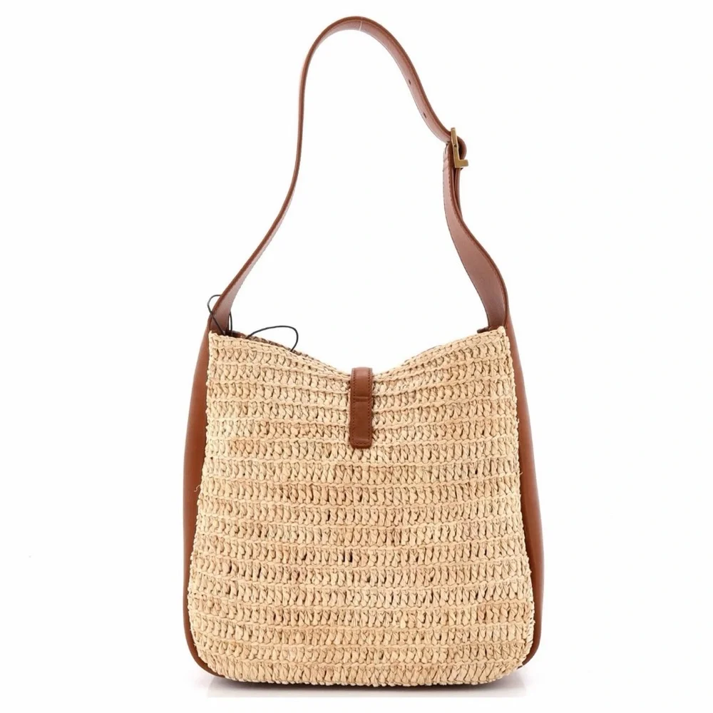 YSL Saint Laurent Le 5 a 7 Supple Small Hobo Raffia and Leather Shoulder Handbag - Picture 6 of 12